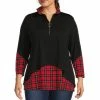 Best Sale 💯 Calessa Plus Size Solid And Plaid Print Long Sleeve Half Zip Twofer Tunic Black Multi 👍