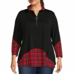 Best Sale 💯 Calessa Plus Size Solid And Plaid Print Long Sleeve Half Zip Twofer Tunic Black Multi 👍
