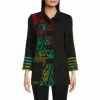 Best Pirce 🎁 Calessa Petite Size Patchwork Burnout Wire Collar Long Sleeve Button Front Knit Tunic Black Multi 😍