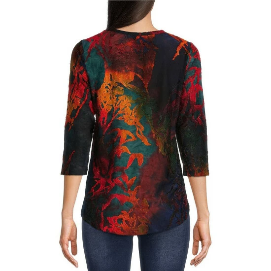 Brand new 💯 Calessa Petite Size Burnout Tie Dye Knit Crew Neck 3/4 Sleeve Tunic Red Multi ✔️ - Image 2