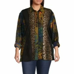 Cheap 🤩 Calessa Plus Size Burnout Tie Dye Print Point Collar Long Sleeve Seam Detail Button Front Tunic Blue Multi 🔥