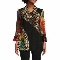 Budget 🎉 Calessa Knit Burnout Patchwork Multi Print Jewel Neck 3/4 Bell Cuff Sleeve Tunic Black Multi 👏