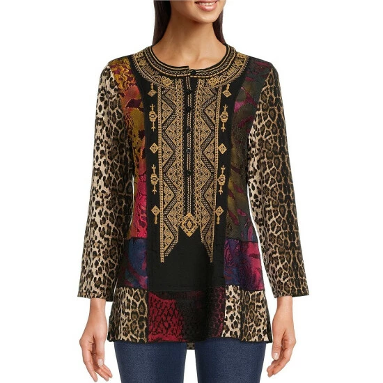 Wholesale 🔔 Calessa Tie Dye Animal Patchwork Embroidered Jewel Neck Long Sleeve Henley Button Tunic Black Multi 🥰