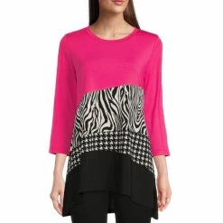 Budget 👍 Calessa Petite Size Stretch Knit Color Block Print Jewel Neck 3/4 Sleeve Asymmetric Hem Tunic Black Multi ⭐