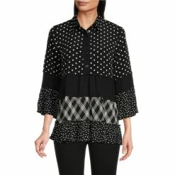 Best deal 🥰 Calessa Petite Size Geometric Patchwork Print Point Collar 3/4 Ruffle Sleeve Half Button Front Tiered Top Black/white 🥰