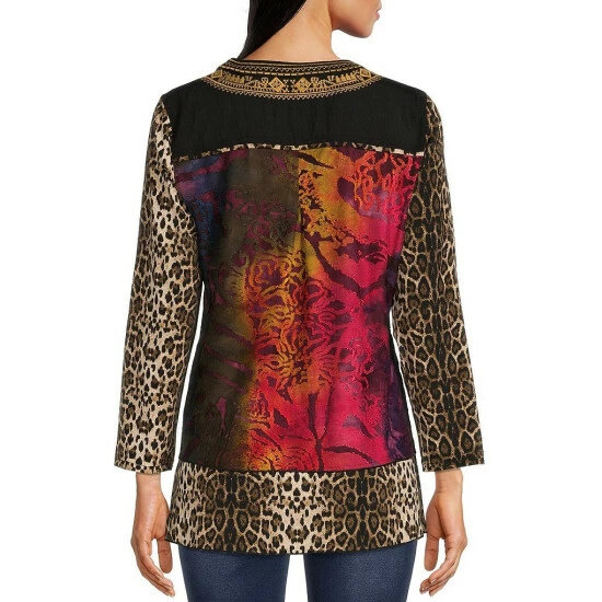Wholesale 🔔 Calessa Tie Dye Animal Patchwork Embroidered Jewel Neck Long Sleeve Henley Button Tunic Black Multi 🥰 - Image 2