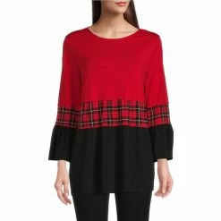 Budget 💯 Calessa Color Block Print Jewel Neck 3/4 Bell Sleeve Tiered Knit Tunic Red Multi 🤩