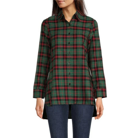 Wholesale 🔔 Calessa Plaid Velvet Yarn Dye Print Embroidered Long Sleeve Point Collar Button Front High-Low Tunic Black Multi 💯