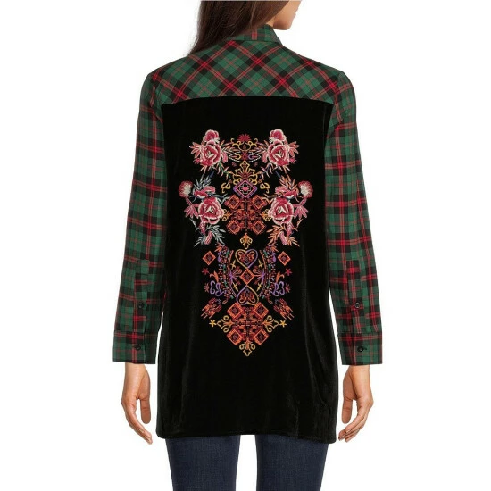 Wholesale 🔔 Calessa Plaid Velvet Yarn Dye Print Embroidered Long Sleeve Point Collar Button Front High-Low Tunic Black Multi 💯 - Image 2
