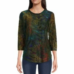 Deals ⌛ Calessa Abstract Paisley Print Jewel Neck 3/4 Sleeve Jacquard Knit Blouse Blue Multi 🧨