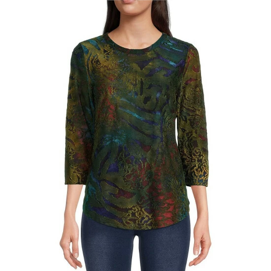 Deals โ Calessa Abstract Paisley Print Jewel Neck 3/4 Sleeve Jacquard Knit Blouse Blue Multi ๐งจ