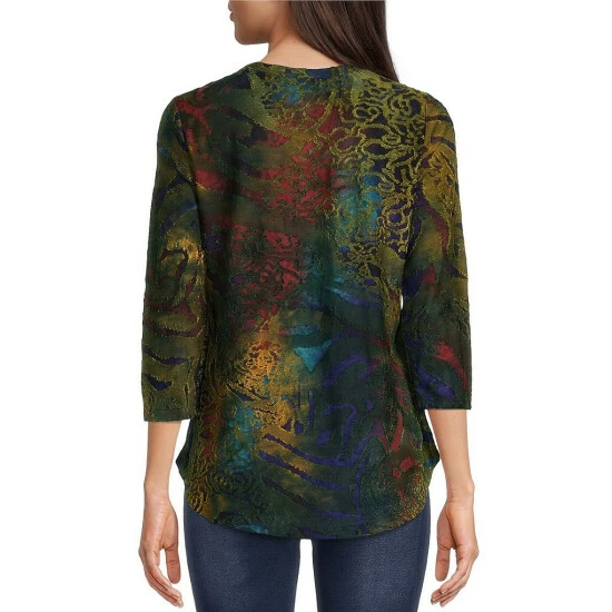 Deals โ Calessa Abstract Paisley Print Jewel Neck 3/4 Sleeve Jacquard Knit Blouse Blue Multi ๐งจ - Image 2