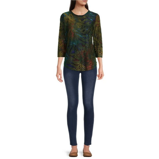 Deals โ Calessa Abstract Paisley Print Jewel Neck 3/4 Sleeve Jacquard Knit Blouse Blue Multi ๐งจ - Image 3