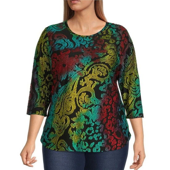 Buy ✔️ Calessa Plus Size Burnout Tie Dye Jewel Neck 3/4 Sleeve Tunic Emerald Multi 🌟