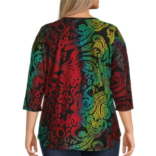 Buy ✔️ Calessa Plus Size Burnout Tie Dye Jewel Neck 3/4 Sleeve Tunic Emerald Multi 🌟 - Image 2