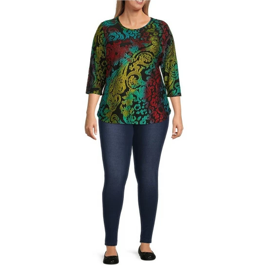 Buy ✔️ Calessa Plus Size Burnout Tie Dye Jewel Neck 3/4 Sleeve Tunic Emerald Multi 🌟 - Image 3