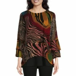 Discount 🥰 Calessa Abstract Animal Print Round Neck Double Cuff 3/4 Bell Sleeve High-Low Mesh Knit Tunic Gold Multi 😍