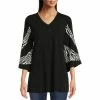 Coupon 👏 Calessa Petite Size Color Blocked Zebra Print V-Neck 3/4 Kimono Sleeve Tunic Black/white 🛒