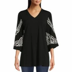Coupon 👏 Calessa Petite Size Color Blocked Zebra Print V-Neck 3/4 Kimono Sleeve Tunic Black/white 🛒