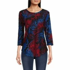Deals 🎁 Calessa Ombre Abstract Paisley Print Round Neck 3/4 Sleeve 👕 Shirttail Hem Jacquard Tunic Red Multi 💯