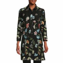 Top 10 💯 Calessa Petite Size Embroidered Floral Print Point Collar Long Sleeve Button Front Duster Black/multi 😉