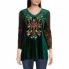 Discount 😍 Calessa Embroidered Velvet Burnout Knit V-Neck Tunic Black Multi ✔️