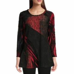 Best reviews of 🌟 Calessa Patchwork Burnout Tie Dye Print Jewel Neck Knit Tunic Red Multi 🔥