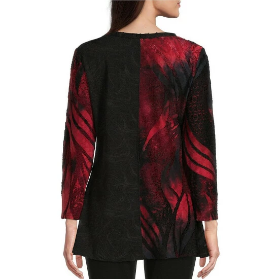 Best reviews of 🌟 Calessa Patchwork Burnout Tie Dye Print Jewel Neck Knit Tunic Red Multi 🔥 - Image 2