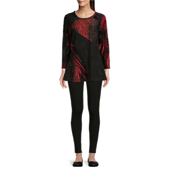 Best reviews of 🌟 Calessa Patchwork Burnout Tie Dye Print Jewel Neck Knit Tunic Red Multi 🔥 - Image 3