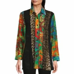 Deals ⌛ Calessa Patchwork Burnout Tie Dye Print Seam Detail Point Collar Long Sleeve Button Front Tunic Blue Multi 🥰