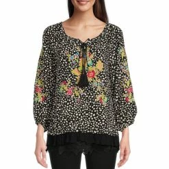 Deals 🛒 Calessa Woven Printed Tie Scoop Neck 3/4 Sleeve Embroidered Lace Top Crimson/multi 🌟