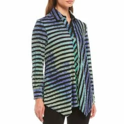 Outlet 😍 Calessa Burnout Tie Dye Stripe Point Collar Button Front 👕 Shirt Black Multi ⌛