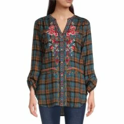 Wholesale 😍 Calessa Embroidered Floral Plaid Print Y-Neck Long Sleeve Button Front Woven Tunic Turquoise/multi 👏