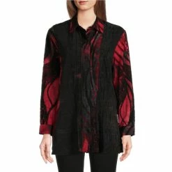 Discount 🎁 Calessa Burnout Tie Dye Print Knit Point Collar Long Sleeve Seam Detail Button Front Tunic Red Multi 🥰