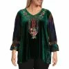 Hot Sale 🛒 Calessa Plus Size Embroidered V-Neck Patchwork 3/4 Belle Sleeve Tunic Emerald Multi 🎁