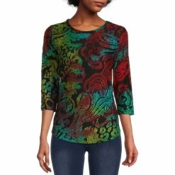 Outlet 😍 Calessa Petite Size Burnout Tie Dye Print Jewel Neck 3/4 Sleeve Top Emerald Multi 🤩
