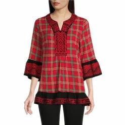 Top 10 🥰 Calessa Embroidered Trim Plaid Print 3/4 Bell Sleeve Split Round Neck Tiered Flare Hem Top Red Multi 😀