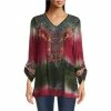 New 👍 Calessa Embroidered Tie Dye Print V-Neck 3/4 Roll-Tab Sleeve Woven Tunic Olive/multi 😉