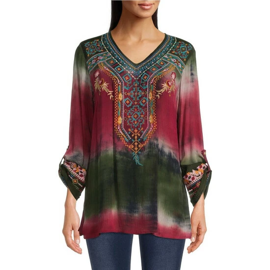 New 👍 Calessa Embroidered Tie Dye Print V-Neck 3/4 Roll-Tab Sleeve Woven Tunic Olive/multi 😉