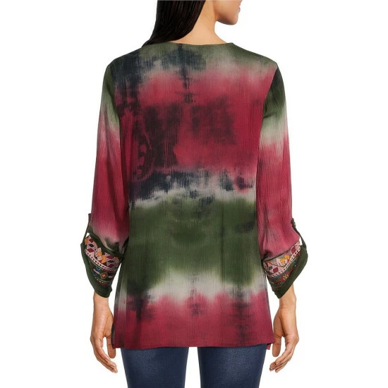 New 👍 Calessa Embroidered Tie Dye Print V-Neck 3/4 Roll-Tab Sleeve Woven Tunic Olive/multi 😉 - Image 2