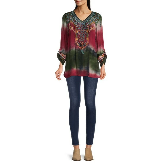New 👍 Calessa Embroidered Tie Dye Print V-Neck 3/4 Roll-Tab Sleeve Woven Tunic Olive/multi 😉 - Image 3