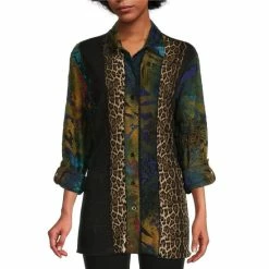 Top 10 ⭐ Calessa Burnout Tie Dye Knit Point Collar Long Sleeve Seam Detail Button Front Tunic Blue Multi ⌛