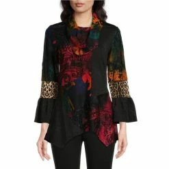 Best Sale 🎁 Calessa Petite Size Patchwork Burnout Print Removable Scarf 3/4 Sleeve Asymmetric Hem Tunic Black Multi 🎁