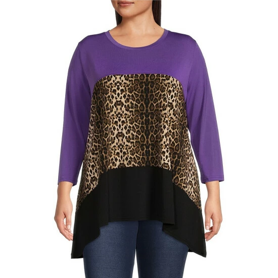 Buy β Calessa Plus Size Animal Color Block Print Jewel Neck 3/4 Sleeve High-Low Tunic Black Multi π