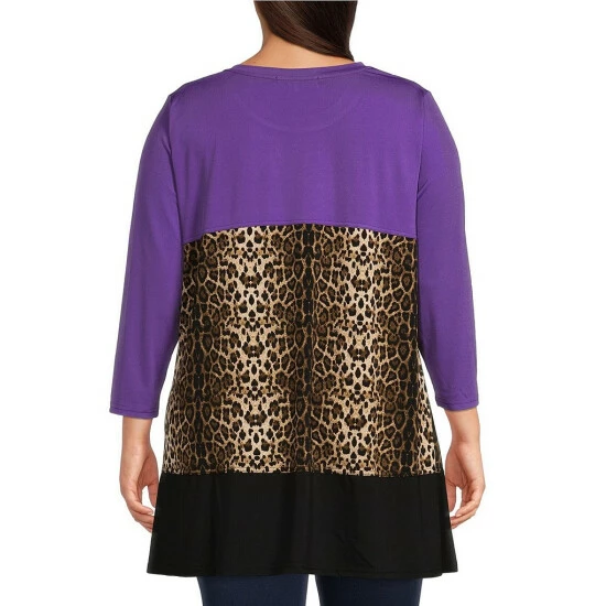 Buy β Calessa Plus Size Animal Color Block Print Jewel Neck 3/4 Sleeve High-Low Tunic Black Multi π - Image 2