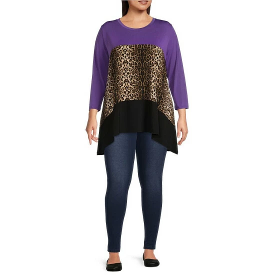 Buy β Calessa Plus Size Animal Color Block Print Jewel Neck 3/4 Sleeve High-Low Tunic Black Multi π - Image 3
