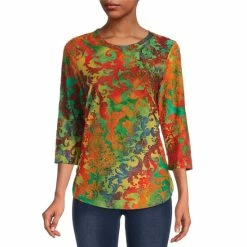 Cheap ⭐ Calessa Burnout Paisley Tie Dye Print Jewel Neck 3/4 Sleeve Jacquard Blouse Blue Multi 👍