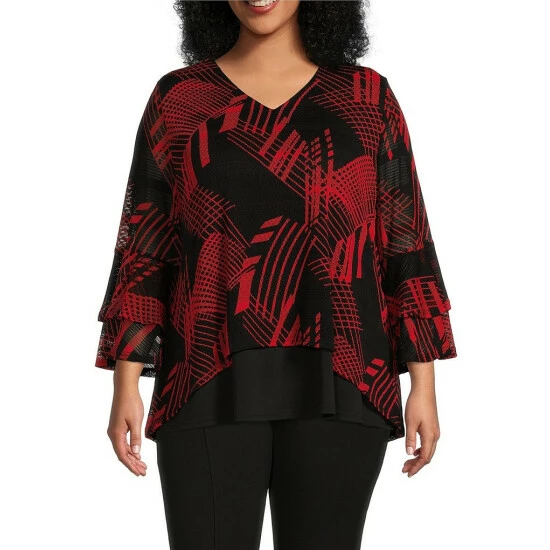 Best Pirce ✔️ Calessa Plus Size Abstract Geometric Print Mesh Knit V-Neck 3/4 Bell Sleeve Layered Tunic Black/red ✨