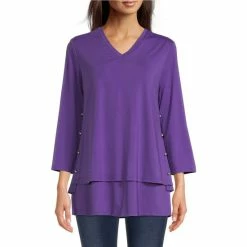 Discount ❤️ Calessa Petite Size Matte Jersey V-Neck 3/4 Sleeve Layered Hem Tunic Purple 😉