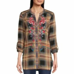 Best reviews of 🌟 Calessa Petite Size Embroidered Floral Plaid Print Split Round Neck 3/4 Roll-Tab Sleeve Button Front Tunic Black Multi 👏